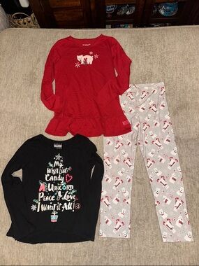 American Girl Red Polar Bear Ruffle Hem Pajama Top with Gray Holiday Print Pants